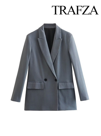 Γυναικείο παλτό TRAFZA 2023 Νέα μόδα Μονόχρωμο μακρυμάνικο παλτό με λαιμόκοψη Χαλαρές τσέπες Γυναικείο παλτό γραφείου με διπλό στήθος