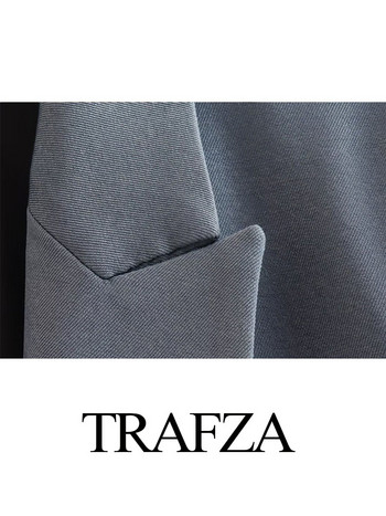 Γυναικείο παλτό TRAFZA 2023 Νέα μόδα Μονόχρωμο μακρυμάνικο παλτό με λαιμόκοψη Χαλαρές τσέπες Γυναικείο παλτό γραφείου με διπλό στήθος
