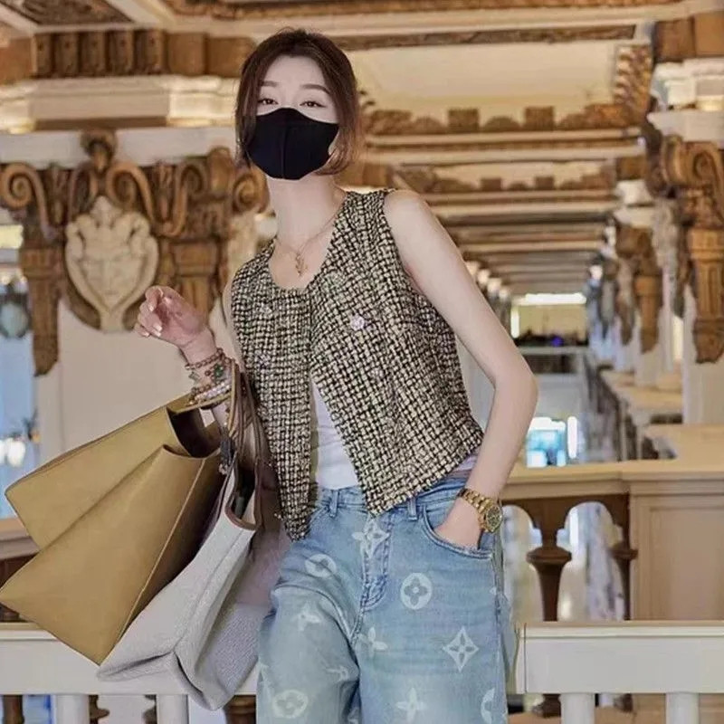 Jesen 2023., nova dvoredna metalna kopča, briljantna svilena jacquard elegantna jakna i jakna, prsluk za djevojke