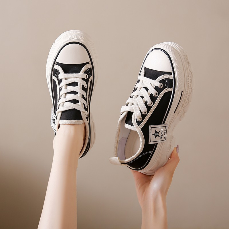 Ανοιξιάτικα παπούτσια καμβά ρετρό αναπνεύσιμα κορεάτικα πάνινα παπούτσια με χοντρή πλατφόρμα Γυναικεία παπούτσια με κορδόνια με κορδόνια μόδας σε εξωτερικούς χώρους Casual παπούτσια Γυναικεία
