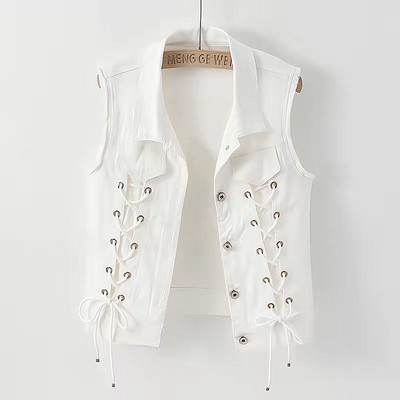 Sügisene valge teksavest naiste 2023 uus mood teksad Veste naiste vabaaja varrukateta jakk, üherealine naiste vesti