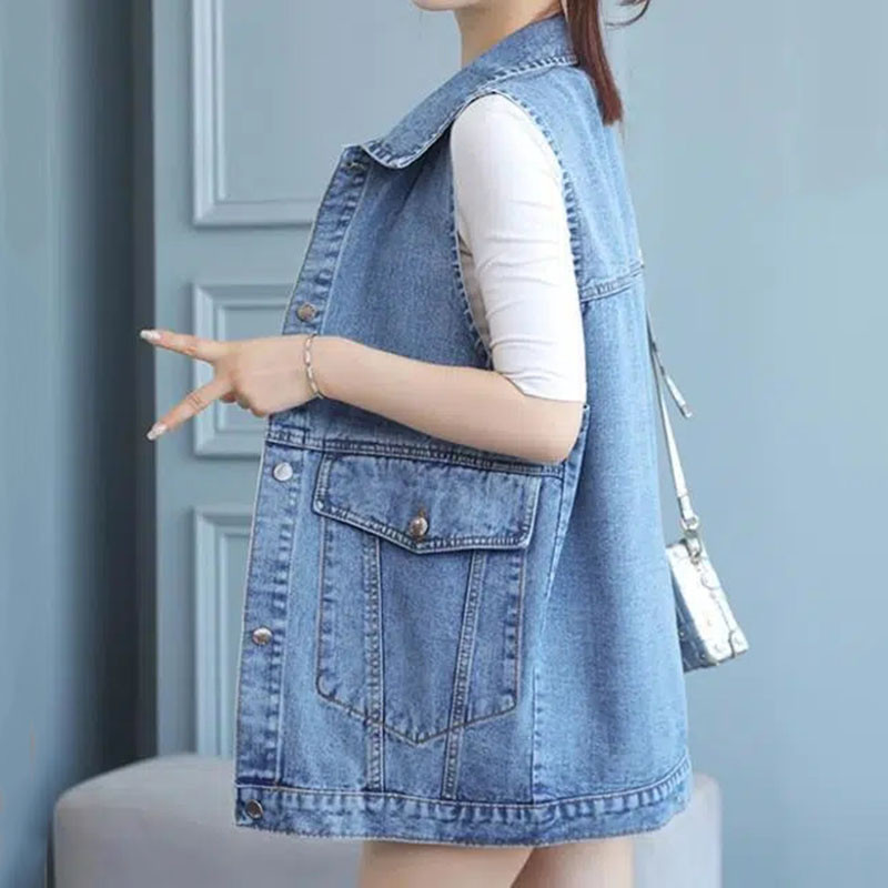 Naiste Denim Vest jakk 2023Uued kevadised sügisriided varrukateta lühikesed teksad vestid Naiste üherealised vabaaja topid