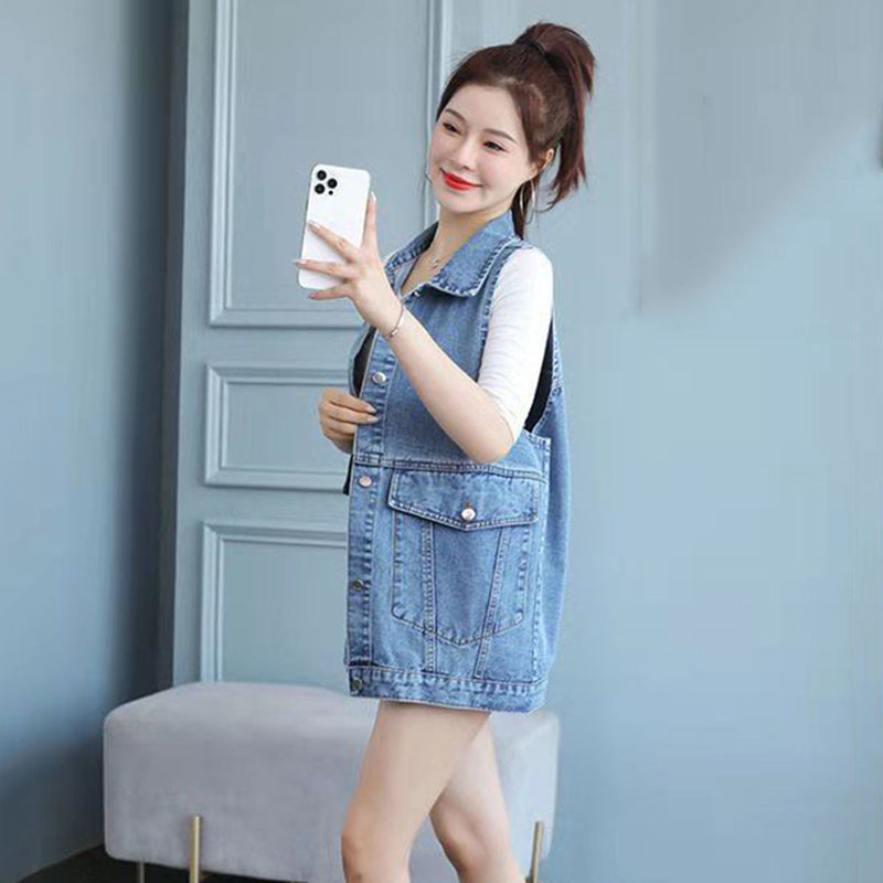 Naiste Denim Vest jakk 2023Uued kevadised sügisriided varrukateta lühikesed teksad vestid Naiste üherealised vabaaja topid