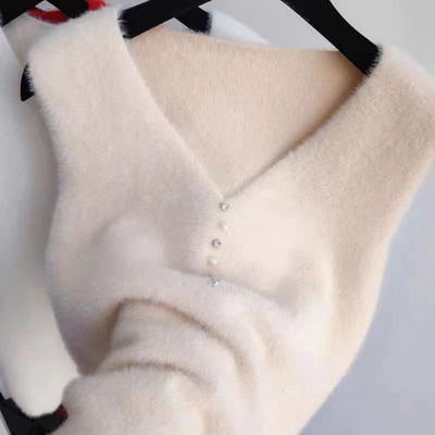 Imitatsioon naaritsast sametvest Vest Naiste jope 2022 Sügisene uus mood V-kaelusega lühikesed varrukad Vabaaja kudumine Vestid Naiste vest