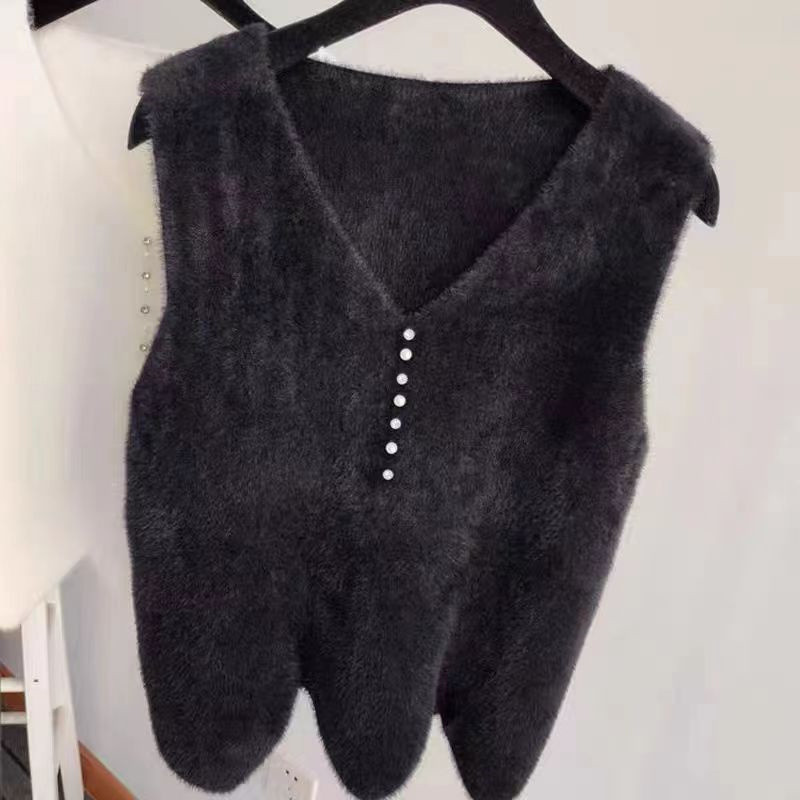 Imitatsioon naaritsast sametvest Vest Naiste jope 2022 Sügisene uus mood V-kaelusega lühikesed varrukad Vabaaja kudumine Vestid Naiste vest
