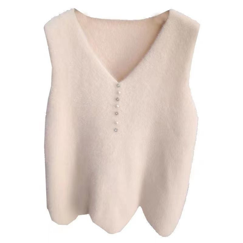 Imitatsioon naaritsast sametvest Vest Naiste jope 2022 Sügisene uus mood V-kaelusega lühikesed varrukad Vabaaja kudumine Vestid Naiste vest