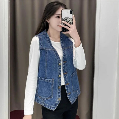 Γυναικείο τζιν τζιν μπουφάν 2021 Νέο φθινοπωρινό μονόχρωμο αμάνικο casual γιλέκο Jean παλτό κοντά σακάκια Γυναικεία γιλέκα καουμπόη