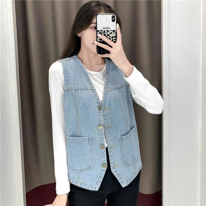 Γυναικείο τζιν τζιν μπουφάν 2021 Νέο φθινοπωρινό μονόχρωμο αμάνικο casual γιλέκο Jean παλτό κοντά σακάκια Γυναικεία γιλέκα καουμπόη