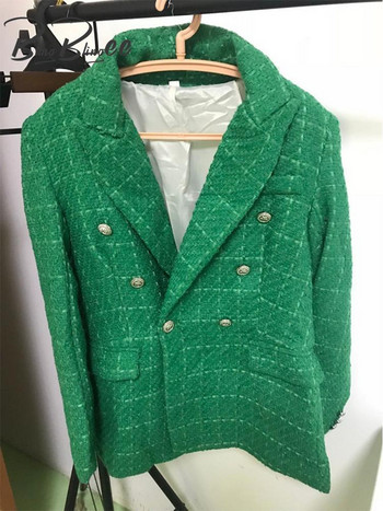 BlingBlingee 2022 Άνοιξη Γυναικείο μπουφάν Tweed Casual Traf Μακρυμάνικο Διπλό Πράσινο Μπλέιζερ Χοντρό γυναικείο καρό παλτό