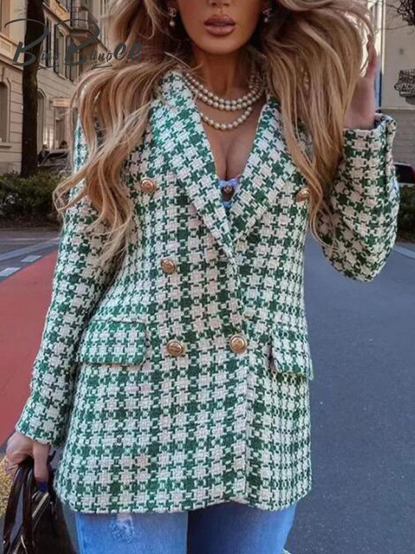 BlingBlingee 2022 Άνοιξη Γυναικείο μπουφάν Tweed Casual Traf Μακρυμάνικο Διπλό Πράσινο Μπλέιζερ Χοντρό γυναικείο καρό παλτό