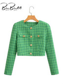 BlingBlingee Green Women Houndstooth Blazer Traf 2023 Ανοιξιάτικα μεταλλικά κουμπιά Μπουφάν Tweed μακρυμάνικο παλτό Γυναικεία Crop Top outwear
