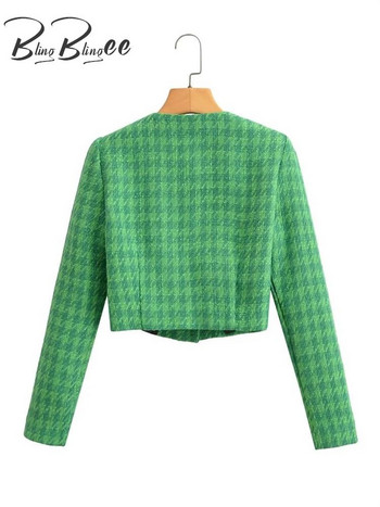 BlingBlingee Green Women Houndstooth Blazer Traf 2023 Ανοιξιάτικα μεταλλικά κουμπιά Μπουφάν Tweed μακρυμάνικο παλτό Γυναικεία Crop Top outwear