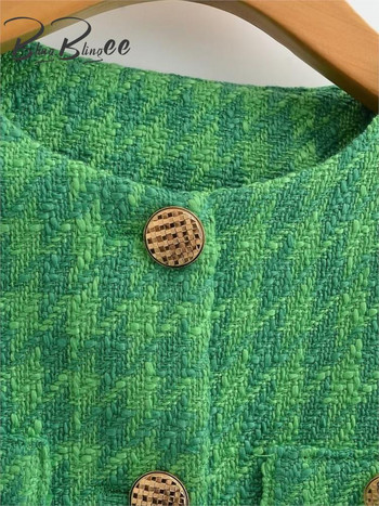 BlingBlingee Green Women Houndstooth Blazer Traf 2023 Ανοιξιάτικα μεταλλικά κουμπιά Μπουφάν Tweed μακρυμάνικο παλτό Γυναικεία Crop Top outwear