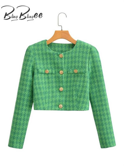 BlingBlingee Verde Femei Blazer cu picioare de gală Traf 2023 de primăvară, cu nasturi metalici, jachetă din tweed, haină cu mâneci lungi, crop top pentru femei