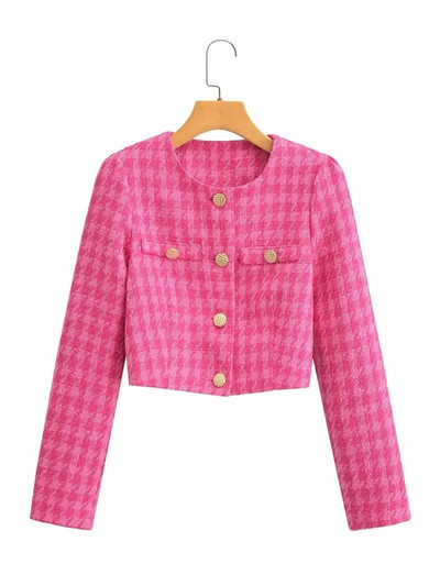 BlingBlingee Green Women Houndstooth Blazer Traf 2023 Ανοιξιάτικα μεταλλικά κουμπιά Μπουφάν Tweed μακρυμάνικο παλτό Γυναικεία Crop Top outwear