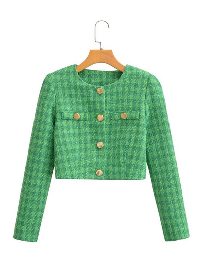 BlingBlingee Green Women Houndstooth Blazer Traf 2023 Ανοιξιάτικα μεταλλικά κουμπιά Μπουφάν Tweed μακρυμάνικο παλτό Γυναικεία Crop Top outwear