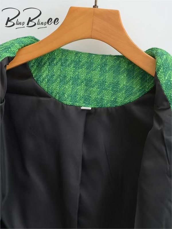 BlingBlingee Green Women Houndstooth Blazer Traf 2023 Ανοιξιάτικα μεταλλικά κουμπιά Μπουφάν Tweed μακρυμάνικο παλτό Γυναικεία Crop Top outwear