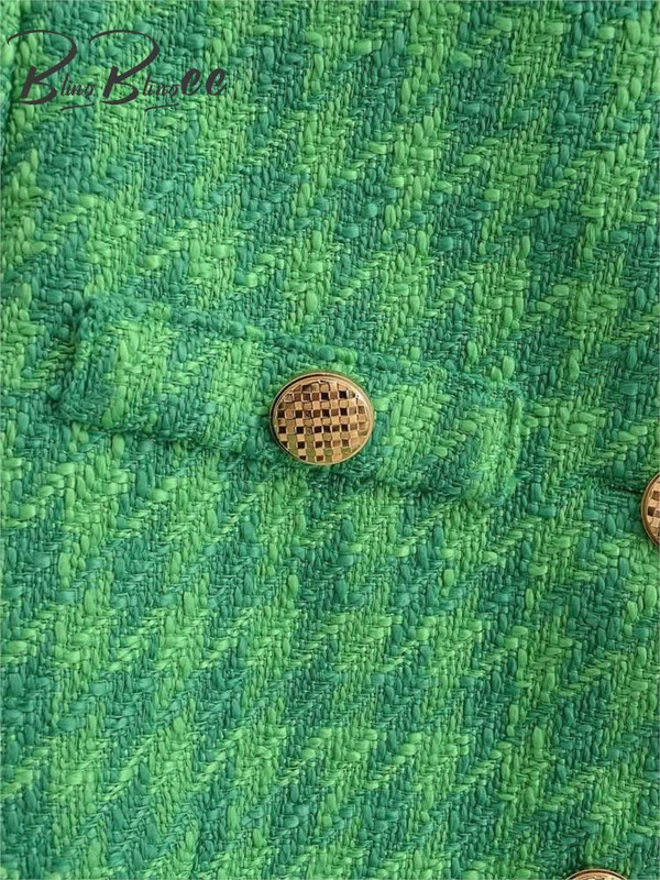 BlingBlingee Green Women Houndstooth Blazer Traf 2023 Ανοιξιάτικα μεταλλικά κουμπιά Μπουφάν Tweed μακρυμάνικο παλτό Γυναικεία Crop Top outwear