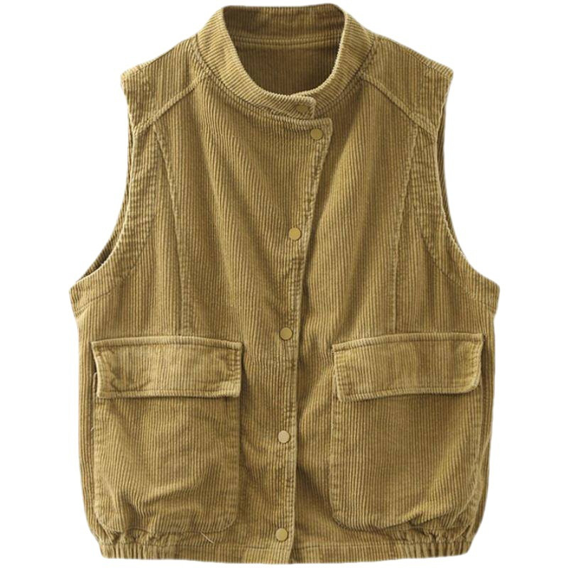 Διπλή στρώση Κοτλέ γιλέκο Γυναικείο μπουφάν 2023 Φθινόπωρο Νέα Μόδα Vintage Πέτο Κοντό μανίκι Casual γιλέκα Γυναικείο γιλέκο