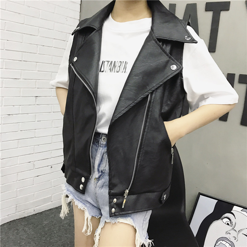 Hiawatha Naiste PU-nahast vestid Punk-stiilis tõmblukud Keeratavad kraega jakid Naistele Must Varrukateta Mantel BL011