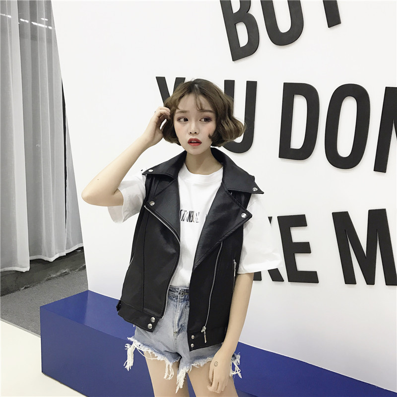 Hiawatha Naiste PU-nahast vestid Punk-stiilis tõmblukud Keeratavad kraega jakid Naistele Must Varrukateta Mantel BL011