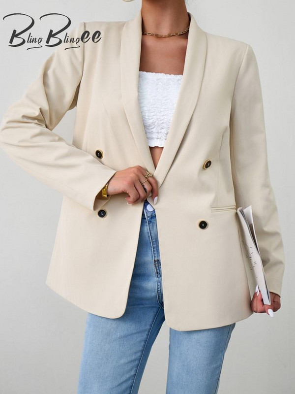 BlingBlingee 2023. aasta sügisene naiste bleiser, rätikkrae, pikkade varrukatega kaherealine kontorimantel Naiste pealisriided beež jakk