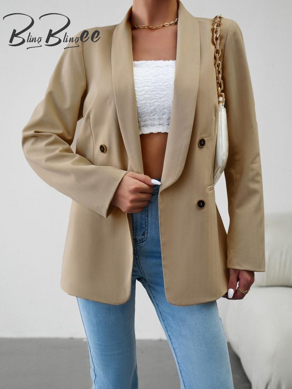 BlingBlingee 2023. aasta sügisene naiste bleiser, rätikkrae, pikkade varrukatega kaherealine kontorimantel Naiste pealisriided beež jakk