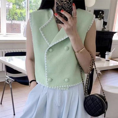 Neploe Francuski ženski kratki kaput kontrastne boje Čipkani prsluci bez rukava 2023. Ljeto 2023. Elegantni Casacos s dvorednim kopčanjem za starenje