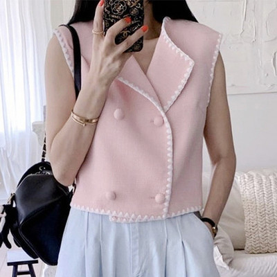 Neploe Francuski ženski kratki kaput kontrastne boje Čipkani prsluci bez rukava 2023. Ljeto 2023. Elegantni Casacos s dvorednim kopčanjem za starenje