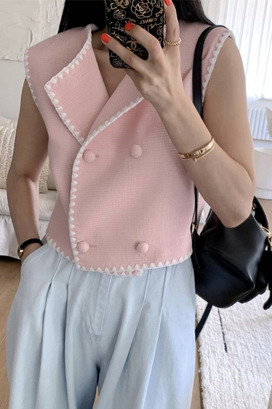 Neploe Francuski ženski kratki kaput kontrastne boje Čipkani prsluci bez rukava 2023. Ljeto 2023. Elegantni Casacos s dvorednim kopčanjem za starenje