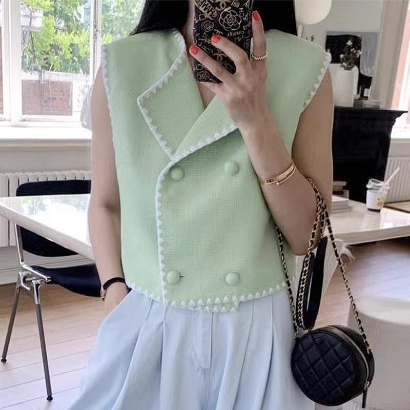 Neploe Francuski ženski kratki kaput kontrastne boje Čipkani prsluci bez rukava 2023. Ljeto 2023. Elegantni Casacos s dvorednim kopčanjem za starenje