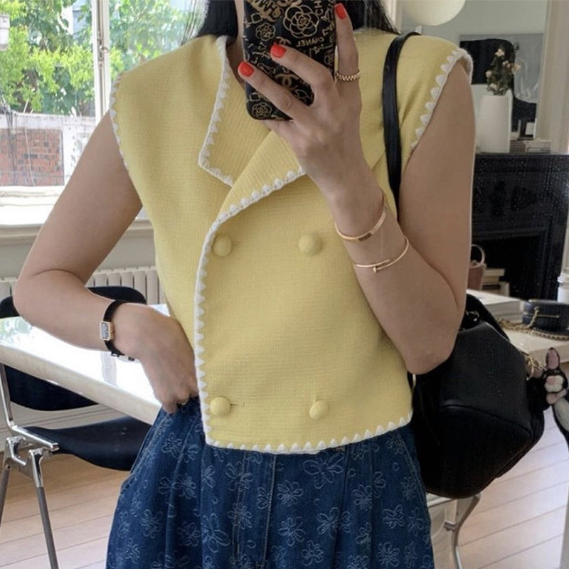 Neploe Francuski ženski kratki kaput kontrastne boje Čipkani prsluci bez rukava 2023. Ljeto 2023. Elegantni Casacos s dvorednim kopčanjem za starenje