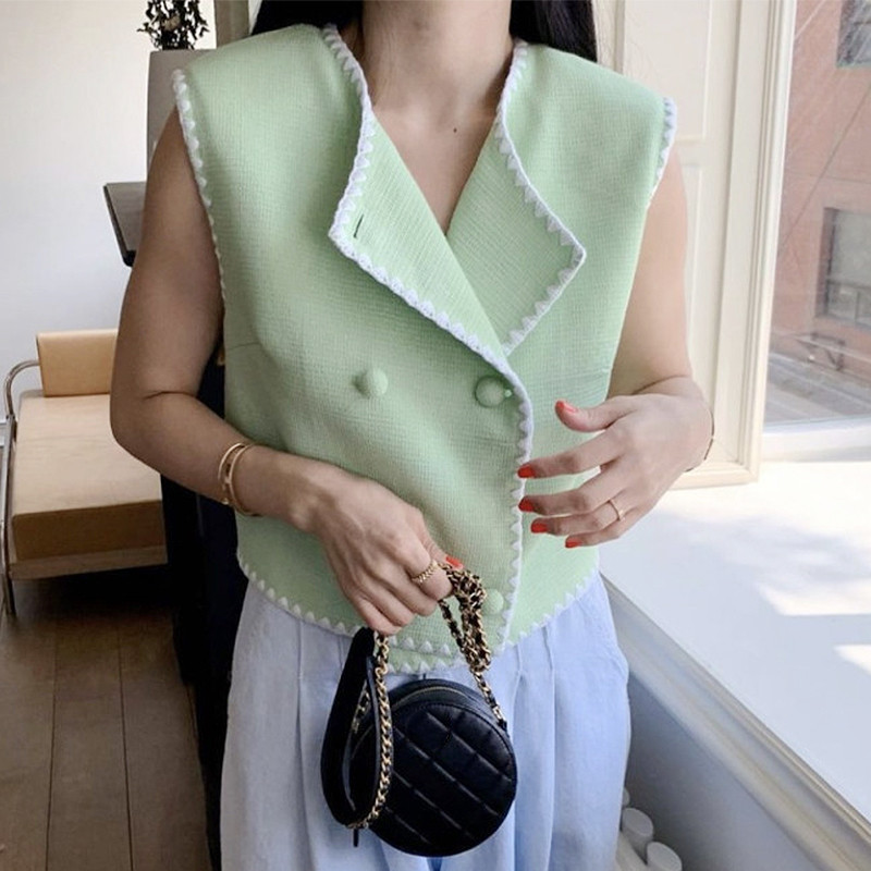 Neploe Francuski ženski kratki kaput kontrastne boje Čipkani prsluci bez rukava 2023. Ljeto 2023. Elegantni Casacos s dvorednim kopčanjem za starenje