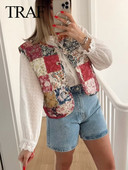 TRAF Γιλέκο Γυναικείο Φθινοπωρινό Χειμώνα με στρογγυλή λαιμόκοψη Αμάνικο Loose Vintage Patchwork Κομψό Chic All Match Casual Γιλέκα Κομψά παλτό