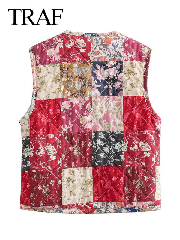TRAF Γιλέκο Γυναικείο Φθινοπωρινό Χειμώνα με στρογγυλή λαιμόκοψη Αμάνικο Loose Vintage Patchwork Κομψό Chic All Match Casual Γιλέκα Κομψά παλτό