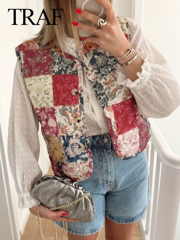 TRAF Γιλέκο Γυναικείο Φθινοπωρινό Χειμώνα με στρογγυλή λαιμόκοψη Αμάνικο Loose Vintage Patchwork Κομψό Chic All Match Casual Γιλέκα Κομψά παλτό