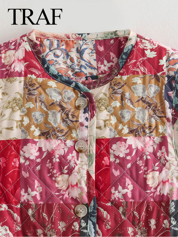 TRAF Γιλέκο Γυναικείο Φθινοπωρινό Χειμώνα με στρογγυλή λαιμόκοψη Αμάνικο Loose Vintage Patchwork Κομψό Chic All Match Casual Γιλέκα Κομψά παλτό