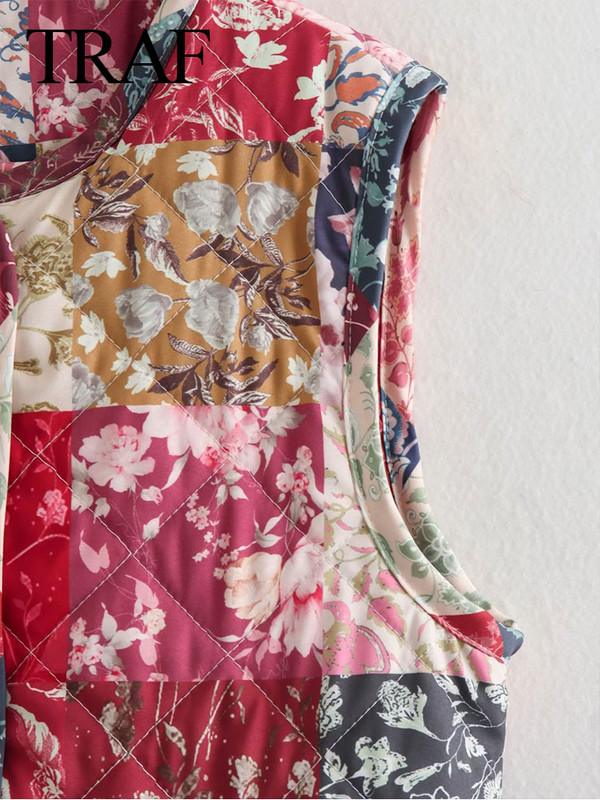 TRAF Γιλέκο Γυναικείο Φθινοπωρινό Χειμώνα με στρογγυλή λαιμόκοψη Αμάνικο Loose Vintage Patchwork Κομψό Chic All Match Casual Γιλέκα Κομψά παλτό