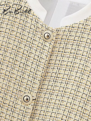BlingBlingee Patchwork Γυναικείο Tweed Jacket Traf 2023 Φθινοπωρινό μακρυμάνικο μονό στήθος Εφαρμοσμένο ζιβάγκο γραφείου Γυναικείο παλτό Crop Top