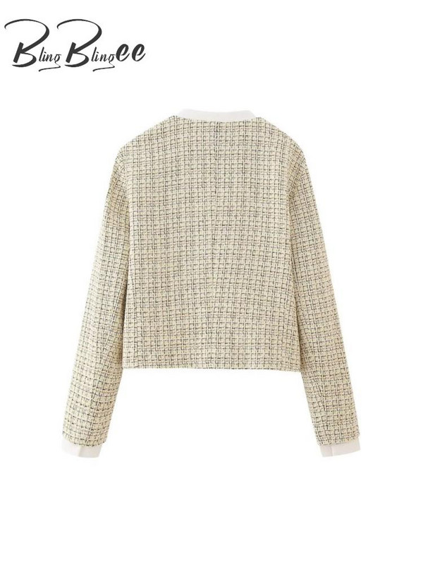 BlingBlingee Patchwork Naiste Tviidjakk Traf 2023 Sügisene pikkade varrukatega, üherealine, varustatud kontoribleiser Naiste mantel Crop Top