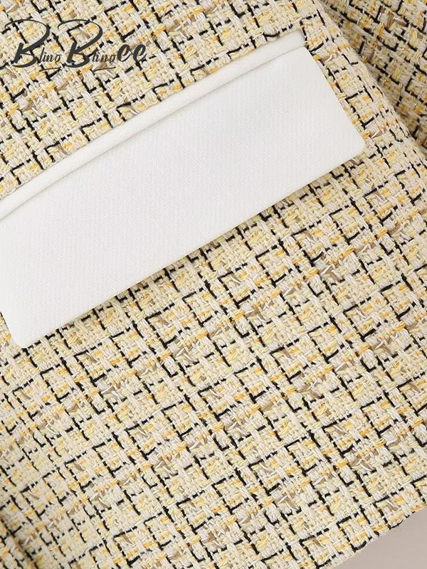 BlingBlingee Patchwork Naiste Tviidjakk Traf 2023 Sügisene pikkade varrukatega, üherealine, varustatud kontoribleiser Naiste mantel Crop Top