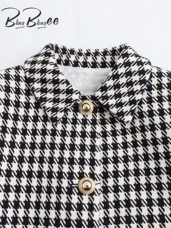 BlingBlingee Κομψό Γυναικείο Μπουφάν Tweed Tweed Traf 2023 Κουμπιά με μανίκια καρπού χειμωνιάτικο Λεπτό γυναικείο μπλέιζερ Γυναικείο παλτό Crop Top