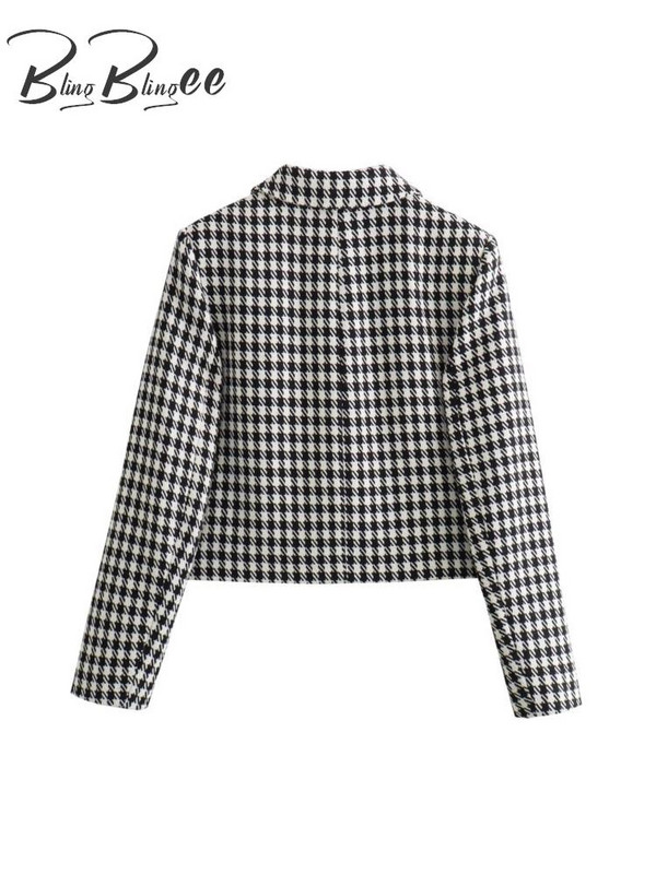 BlingBlingee Elegantne Naiste Houndstooth Tweed jope Traf 2023 Talvine randme varruka nööbid õhukesed naiste bleiser Naiste mantel Crop Top