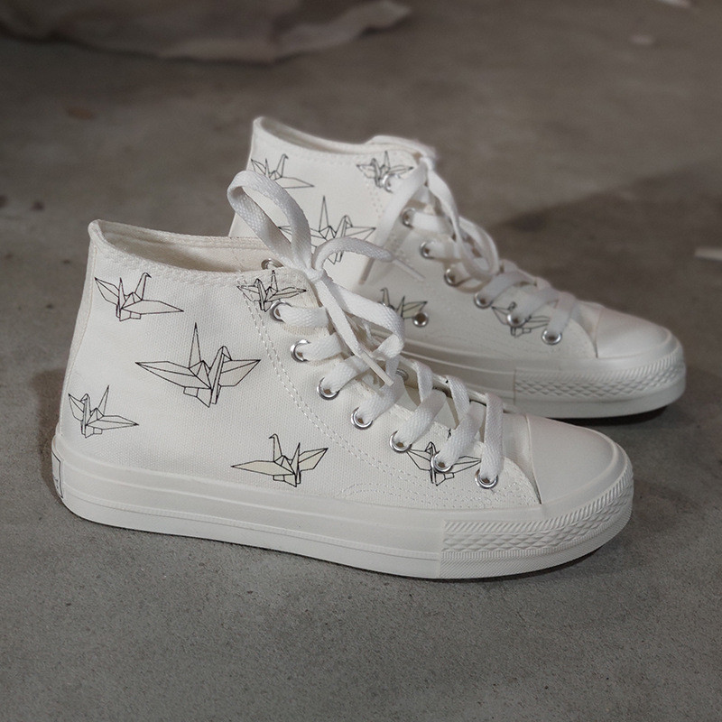 2023. aasta uus värvimuutev naiste trendikas mood, kõrge ülaosaga nööriga lauajalats Thousand Paper Crane UV värvilised lõuendist kingad