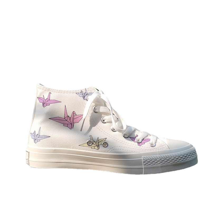 2023. aasta uus värvimuutev naiste trendikas mood, kõrge ülaosaga nööriga lauajalats Thousand Paper Crane UV värvilised lõuendist kingad