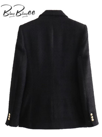 BlingBlingee Μαύρο Γυναικείο Tweed Μπουφάν Traf 2023 Χειμώνας Χοντρό μακρυμάνικο μεταλλικά κουμπιά Λεπτό μπλέιζερ γραφείου Γυναικείο παλτό Γυναικείο τοπ