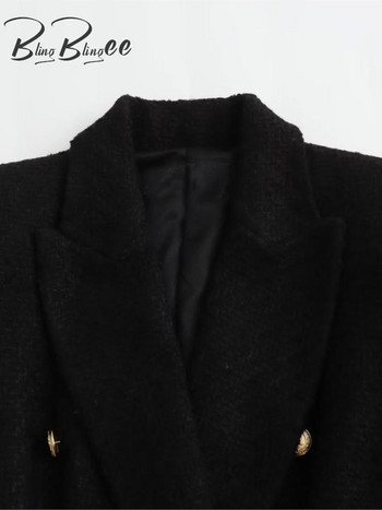 BlingBlingee Μαύρο Γυναικείο Tweed Μπουφάν Traf 2023 Χειμώνας Χοντρό μακρυμάνικο μεταλλικά κουμπιά Λεπτό μπλέιζερ γραφείου Γυναικείο παλτό Γυναικείο τοπ