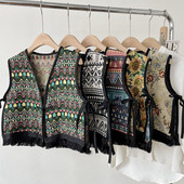 Vintage Bohemian Boho Chic Gypsy Hippie Ibiza Bali Fringes Jacquard Cropped Γιλέκο 2023 Retro Cottage Core Holiday Vacation Top