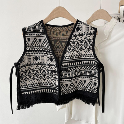 Vintage Bohemian Boho Chic Gypsy Hippie Ibiza Bali Fringes Jacquard Cropped Γιλέκο 2023 Retro Cottage Core Holiday Vacation Top