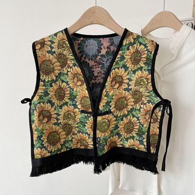 Vintage Bohemian Boho Chic Gypsy Hippie Ibiza Bali Fringes Jacquard Cropped Γιλέκο 2023 Retro Cottage Core Holiday Vacation Top